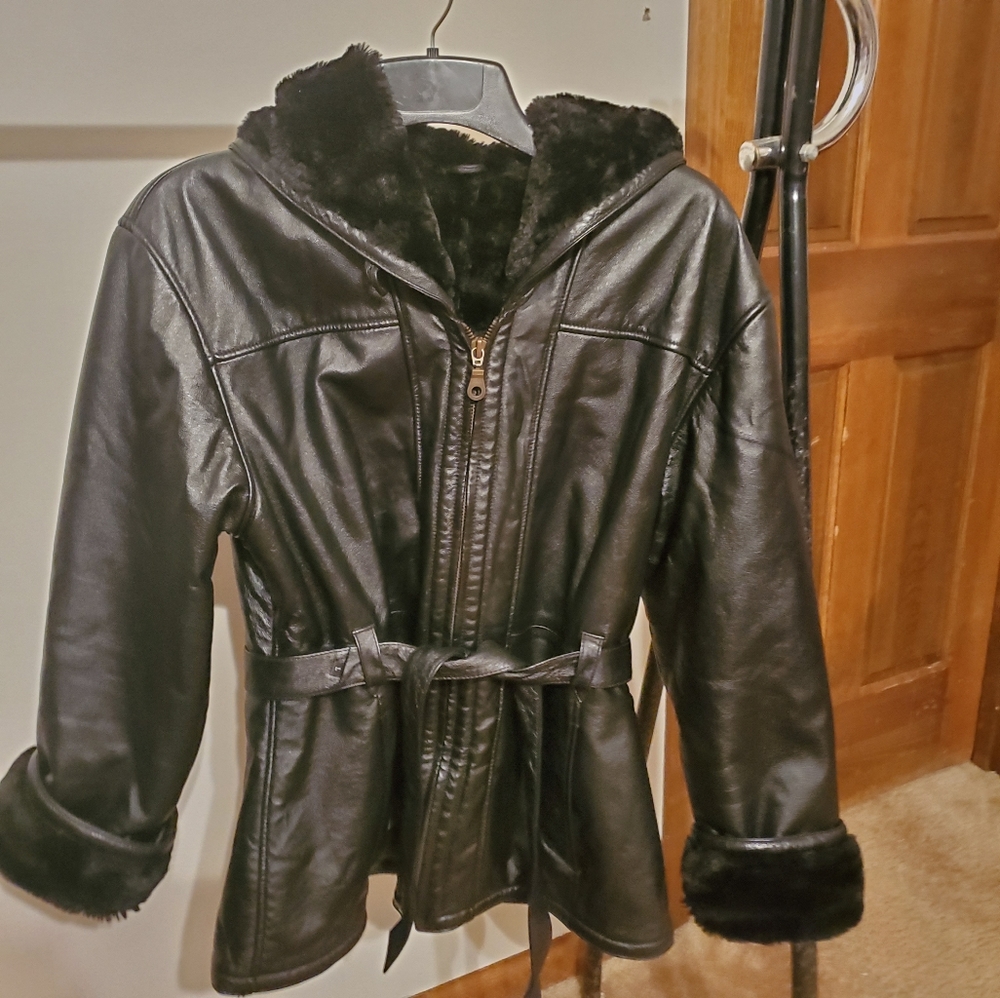 Womens Wilson Black Faux Fur  Leather Jacket XL